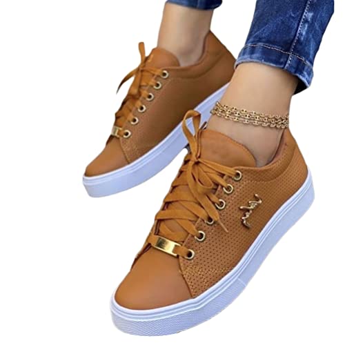 Onsoyours Damen Low Cut Sneaker Leichtgewichts Atmungsaktiv Walkingschuhe PU Runde Zehe Flache Sport Damenschuhe Turnschuhe Freizeitschuhe C Braun 40 EU von Onsoyours