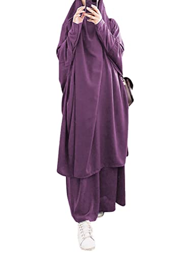 Onsoyours Damen Muslimisches Zweiteiliges Gebetskleid Maxi Kleid für Frauen Abaya Kleid Islamischer Naher Osten Dubai Türkei Abaya Kaftan Länge Hijab Kleid A Violett Einheitsgröße von Onsoyours