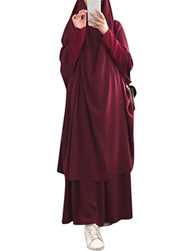 Onsoyours Damen Muslimisches Zweiteiliges Gebetskleid Maxi Kleid für Frauen Abaya Kleid Islamischer Naher Osten Dubai Türkei Abaya Kaftan Länge Hijab Kleid A Weinrot Einheitsgröße von Onsoyours