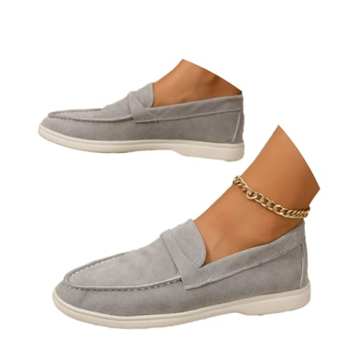 Onsoyours Damen Wildleder Loafers Flache Lässige Schuhe Freizeitschuhe Slip on Round Toe Wanderschuhe Bequeme Halbschuhe Sommer Bootsschuhe Atmungsaktiv Mokassins Slippers B Grau 39 EU von Onsoyours