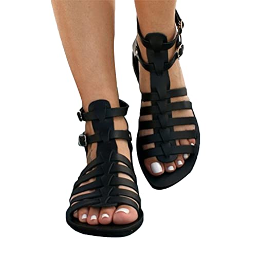 Onsoyours Women's Sandals Boho Leather Roman Shoes Gladiator Sandals Flat Heel Round Toe Casual Vintage Classic Schwarz 38 EU von Onsoyours
