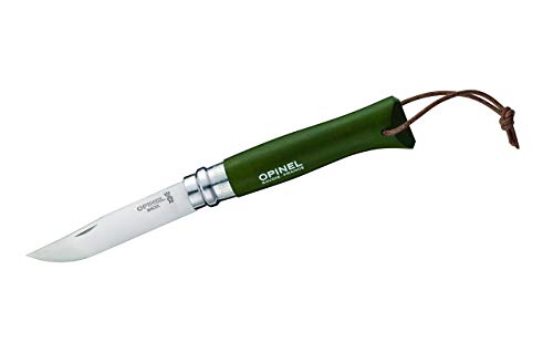 Opinel 1703 Messer Nr. 8 - rostfreier Sandvik Stahl 12C27 - Buchenholzgriff khaki - Lederriemen - Virobloc System von Opinel