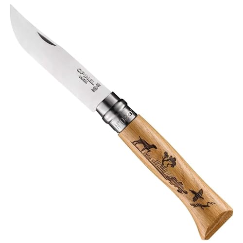 Opinel Messer - Größe 8 - Animalia - Motiv Hund - Sandvikstahl 12C27 - rostfrei - Eichenholz Griff, Braun von Opinel