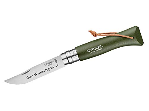 Opinel-Messer Nr. 8, Buchenholzgriff Khaki, Lederriemen, mit persönlicher Gravur auf der Klinge von Opinel