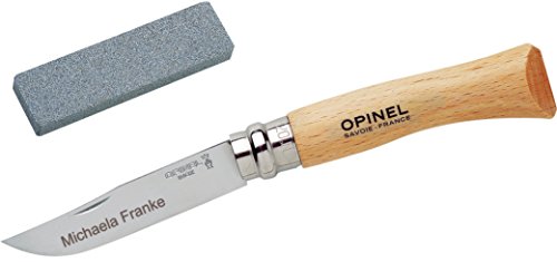 Opinel No.7 rostfrei Set: Taschenmesser + Schleifstein, incl. Wunschgravur auf der Klinge in Geschenk-Schachtel von Opinel