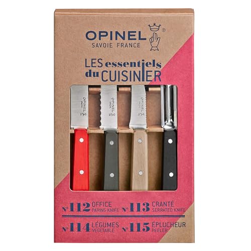 Opinel OP01626 Küchenmesser-Set, Essentials, 4-teilig, rostfrei, farbige Griffe Messer, Edelstahl, Mehrfarbig, One Size von Opinel