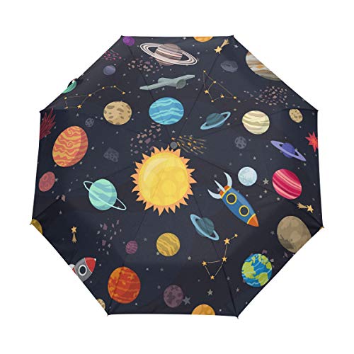 Orediy Automatischer Falt-Regenschirm Karton Weltraum Planeten Winddicht Reisen kompakt tragbar Sonne Regen UV-beständig von Orediy