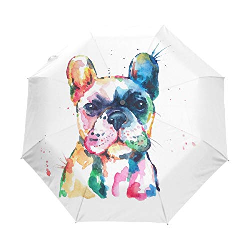Orediy Automatischer faltbarer Regenschirm Aquarell Französische Bulldogge winddicht Reisen kompakt tragbar Sonnenregen UV-beständiger Regenschirm von Orediy