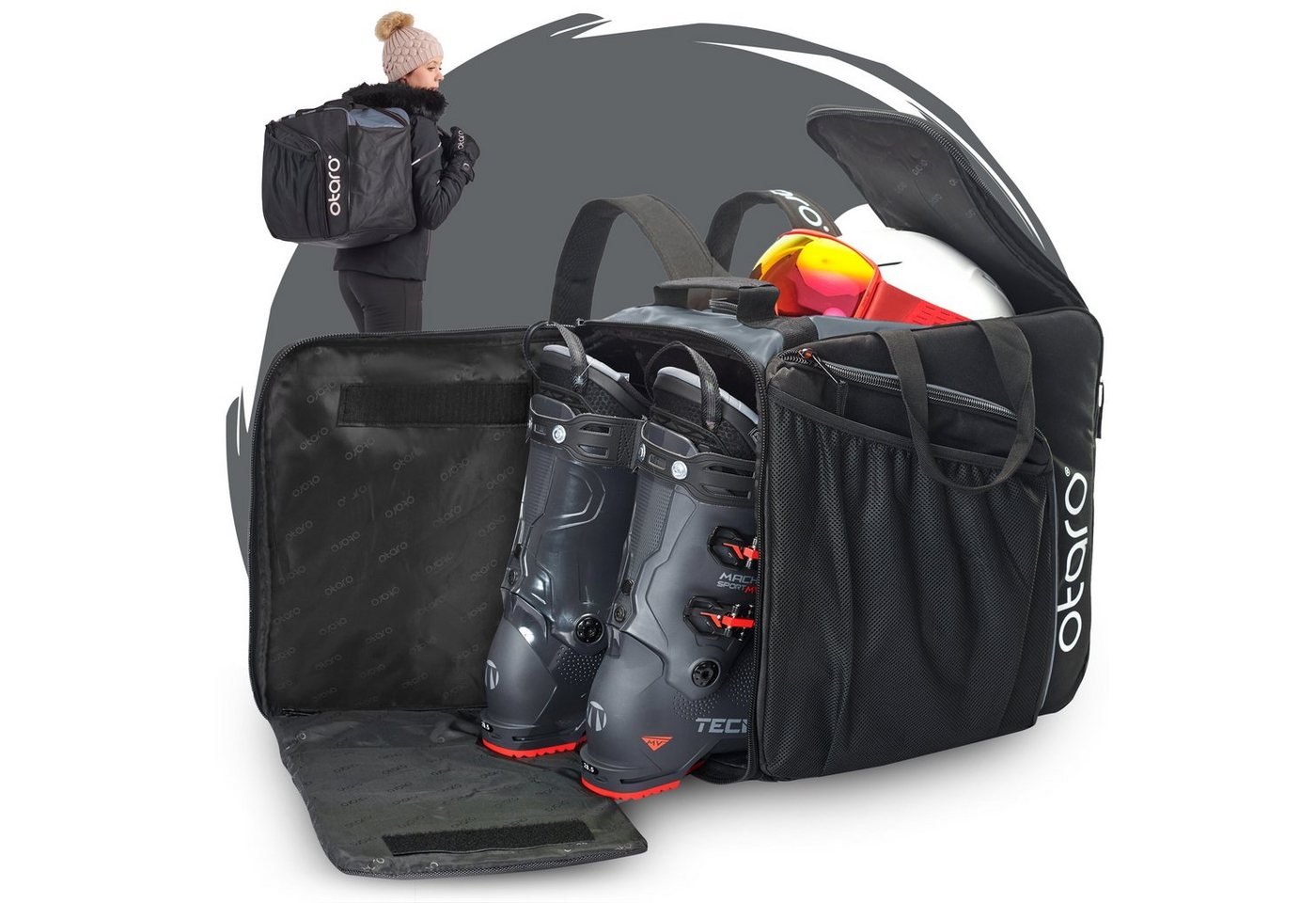 Otaro Sporttasche Skischuhtasche mit Helmfach & bequemen Rucksackträger, Pro 57L (Schutz für deine Ausrüstung, Perfekt durchdacht, ausklappbare Standfläche, für Skifahrer & Boarder) von Otaro