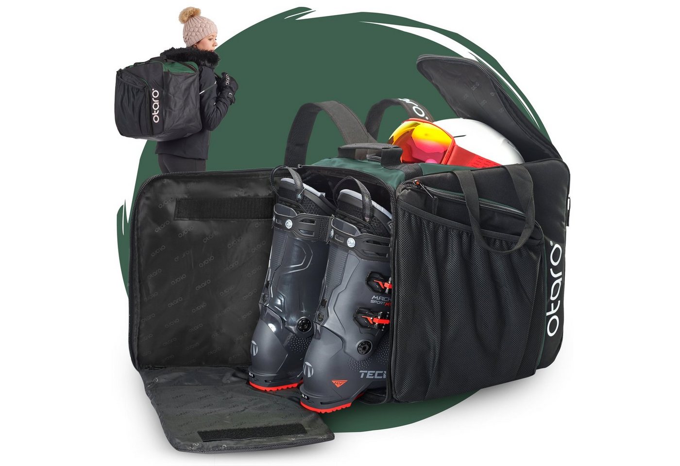 Otaro Sporttasche Skischuhtasche mit Helmfach & bequemen Rucksackträger, Pro 57L (Schutz für deine Ausrüstung, Perfekt durchdacht, ausklappbare Standfläche, für Skifahrer & Boarder) von Otaro