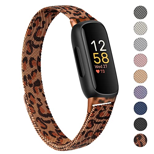 Oumida Armband Kompatibel mit Fitbit Inspire 3 Armband für Damen Herren, Prämie Edelstahl Metall Ersatzarmband mit Starker Magnet Uhrenarmbänder für Fitbit Inspire 3, Leopard von Oumida