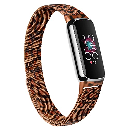 Oumida Armband Kompatibel mit Fitbit Luxe Armband für Damen Herren, Prämie Edelstahl Metall Ersatzarmband mit Starker Magnet Uhrenarmbänder für Fitbit Luxe, Leopard von Oumida