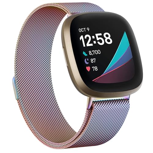 Oumida Armband für Fitbit Versa 3 Armband/Fitbit Versa 4 Armband/Fitbit Sense Armband/Sense 2 Armband für Damen Herren, Edelstahl Metall Ersatzarmband mit Starker Magnet, Klein Bunt von Oumida