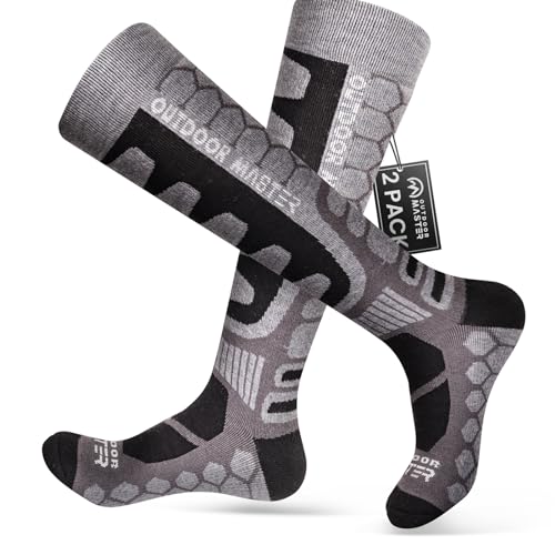 OutdoorMaster 2 Paar Unisex Merinowolle Kompression Skisocken für Damen & Herren, OTC Design/Anti-Rutsch-Bündchen Atmungsaktive Winter Thermal Socken für Snowboarden von OutdoorMaster