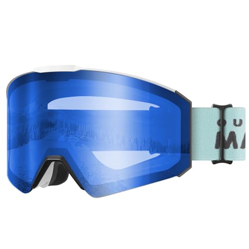 OutdoorMaster Falcon 100% UV-Schutz Snowboard-Schutzbrille für Kinder, Anti-Nebel-Ski-Schutzbrille für Gläser/OTG (weißer Rahmen+VLT 28% blaue Linse) von OutdoorMaster