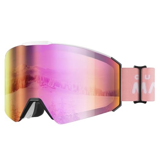 OutdoorMaster Falcon Kinder Skibrille OTG,100% UV Schutz, Anti-Nebel Snowboard Schutzbrille über Brille (weißer Rahmen+VLT 13% graue Linse mit Revo Pink) von OutdoorMaster