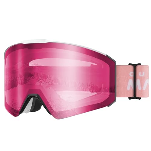 OutdoorMaster Falcon Kinder Snowboard-Brille für Brille/OTG, Anti-Nebel-Skibrille mit 100% UV-Schutz (weißer Rahmen+VLT 46% rosa Linse) von OutdoorMaster