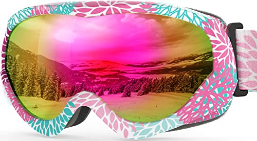 OutdoorMaster Kinder Skibrille - Helm-kompatible Schneebrille für Jungen & Mädchen mit 100% UV-Schutz (Blumenmuster Frame + VLT 13% Grau Lens mit Full REVO Pink) von OutdoorMaster