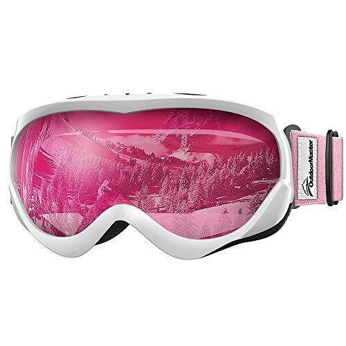 OutdoorMaster Kinder-Skibrille - Helmkompatible Schneebrille für Jungen & Mädchen mit 100% UV-Schutz (weiß-rosa Rahmen + VLT 46% rosa Linse) von OutdoorMaster