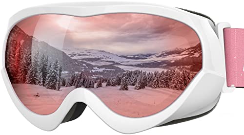 OutdoorMaster Kinder Skibrille - Helmkompatible Schneebrille für Jungen & Mädchen mit 100% UV-Schutz - VLT 28% Weißer Rahmen Rose Rote Linse von OutdoorMaster