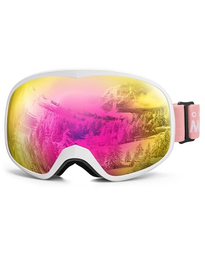 OutdoorMaster Owl Kinder Snowboard-Brille für Brille, OTG, 100% UV-Schutz, Anti-Nebel-Skibrille (weißer Rahmen+VLT 13% Revo Pink) von OutdoorMaster