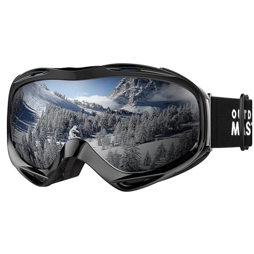 OutdoorMaster Skibrille, Snowboardbrille Schneebrille OTG 100% UV-Schutz, helmkompatible Ski Goggles für Damen&Herren/Jungen&Mädchen(Schwarzer Rahmen + VLT 10% graue Gläser mit REVO Silber) von OutdoorMaster