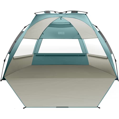OutdoorMaster Strandmuschel Pop Up, 3-4 Personen Strandzelt mit UPF 50+ UV Schutz, einfacher Aufbau in 60 Sekunden, wetterfestes Campingzelt mit abnehmbarem Dachfenster (Cancun Meeresküste) von OutdoorMaster