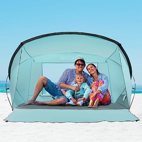 OutdoorMaster Strandzelt für 3 Personen – einfacher Aufbau und tragbar, Strandschatten, Sonnenschutz, Baldachin mit UPF 50+ UV-Schutz, abnehmbares Dachfenster, Familiengröße, Hellgrün von OutdoorMaster