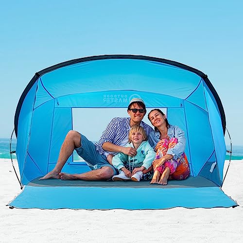 OutdoorMaster Strandzelt für 3 Personen – einfacher Aufbau und tragbarer Strand-Sonnenschutz, Sonnendach mit UPF 50+ UV-Schutz, abnehmbares Dachfenster, Familiengröße, Blau von OutdoorMaster