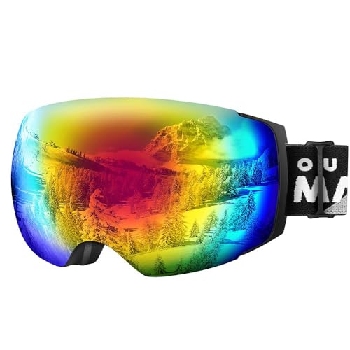 OutdoorMaster Unisex Skibrille PRO Damen Herren mit wechselgläsern, 100% UV-Schutz Schneebrille Skibrille für brillenträger, Anti-Nebel Snowboard Brille Ski Goggles für Jungen und Mädchen (Schwarzer Rahmen Revo Buntes Objektiv VLT15%) von OutdoorMaster