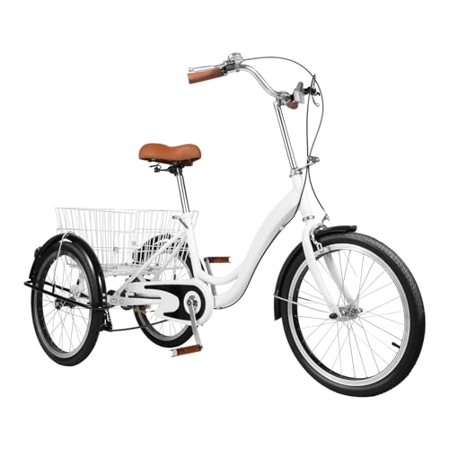 Owneed 20 Zoll Dreirad für Erwachsene Fahrrad mit Einkaufskörbe, 3 Räder Dreiräder Fahrräder, SeniorenCity Tricycle mit Korb für Verschiedene Straßen Geeignet Garten (Weiß) von Owneed