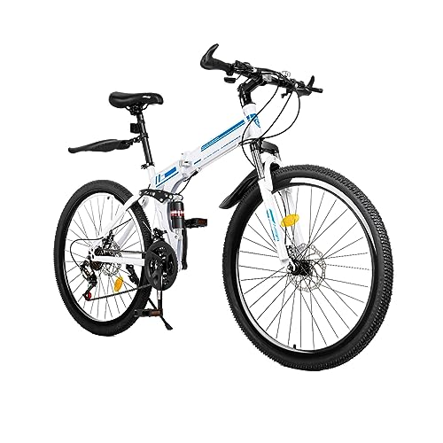 Owneed Mountainbike 26 Zoll Faltbares Fahrrad mit 21-Gang Kettenschaltung Bike für Erwachsene Outdoor Reiten Scheibenbremse vorne und hinten Fahrrad (Weiß,Blau) von Owneed