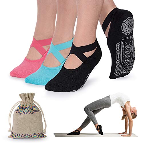 Ozaiic Yoga Socken rutschfeste für Damen für Pilates, Barre, Ballett, Tanz (EUR 35-41, 3 Paar-Schwarz/Blau/Wassermelonenrot) von Ozaiic