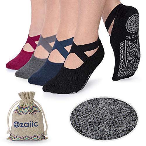 Ozaiic Yoga Socken rutschfeste für Damen für Pilates, Barre, Ballett, Tanz (EUR 35-41, 4 Paar-Schwarz/Navy/Dark Grey/Crimson) von Ozaiic
