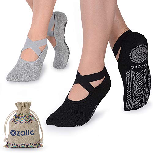 Ozaiic Yoga Socken rutschfeste für Damen für Pilates, Barre, Ballett, Tanz (EUR 35-41, 2 Paar - Schwarz und Grau) von Ozaiic