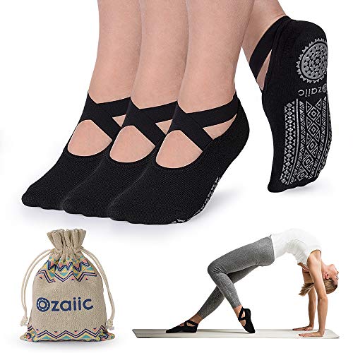 Ozaiic Yoga Socken rutschfeste für Damen für Pilates, Barre, Ballett, Tanz (EUR 35-41, 3 Paar - Schwarz) von Ozaiic