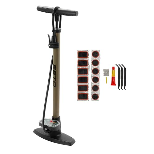 P4B | Luftpumpe mit großem Manometer in Braun/Grau + 19-teiliges Flickzeug Set | Fahrradpumpe geeignet für alle Schlauchventile | Standpumpe von P4B