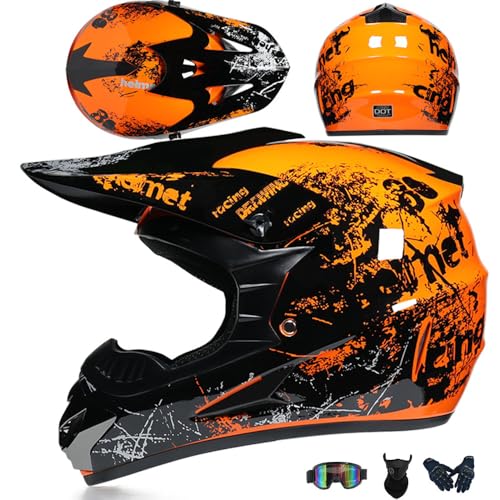 Jugend Motorradhelm Motocross Helm Kinder Erwachsene Cross Helms Herren ATV Motorradhelm MX Enduro Full Face MTB Helms DOT/ECE-Zertifizierter Mit Brille Maske Handschuhe Downhill Helm,Orange/B-XXL von PAESCOY