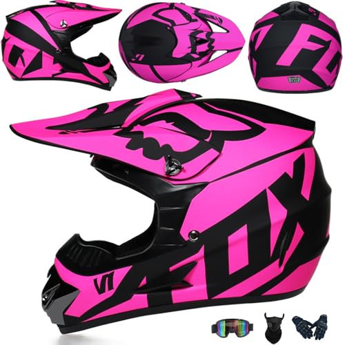 Jugend Motorradhelm Motocross Helm Kinder Erwachsene Cross Helms Herren ATV Motorradhelm MX Enduro Full Face MTB Helms DOT/ECE-Zertifizierter Mit Brille Maske Handschuhe Downhill Helm,Pink/A-XXL von PAESCOY