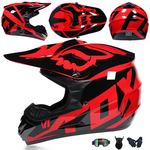 Jugend Motorradhelm Motocross Helm Kinder Erwachsene Cross Helms Herren ATV Motorradhelm MX Enduro Full Face MTB Helms DOT/ECE-Zertifizierter Mit Brille Maske Handschuhe Downhill Helm,Red/B-M von PAESCOY