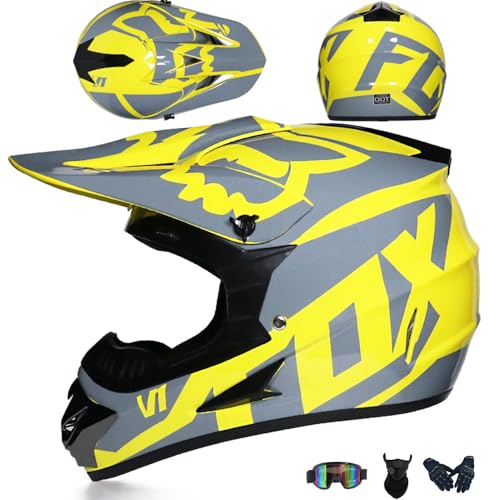 Jugend Motorradhelm Motocross Helm Kinder Erwachsene Cross Helms Herren ATV Motorradhelm MX Enduro Full Face MTB Helms DOT/ECE-Zertifizierter Mit Brille Maske Handschuhe Downhill Helm,Yellow/C-S von PAESCOY