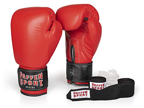 PAFFEN SPORT «Advanced» Box-Bundle, «KIBO Fight» Boxhandschuhe, rot, 16UZ.; «Allround» Bandage schwarz, 3,5 m; «Allround» Zahnschutz, transparent, ohne Mint von PAFFEN SPORT