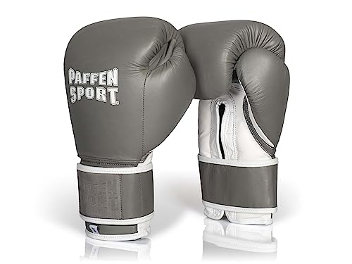 Paffen Sport «PRO Klett» Boxhandschuhe aus echtem Leder für das Training und Sparring im Kampfsport (Grau/Weiß, 10UZ) von PAFFEN SPORT
