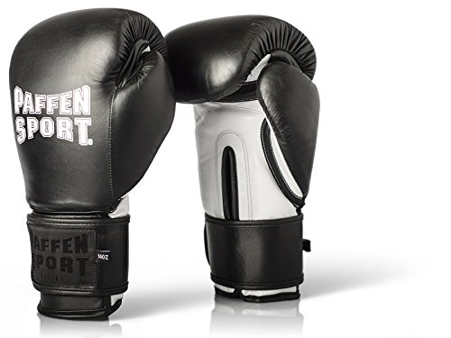 Paffen Sport «PRO Klett» Boxhandschuhe aus echtem Leder für das Training und Sparring im Kampfsport (Schwarz/Weiß, 12UZ) von PAFFEN SPORT