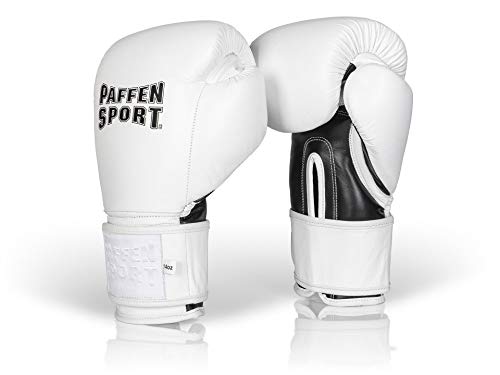Paffen Sport «PRO Klett» Boxhandschuhe aus echtem Leder für das Training und Sparring im Kampfsport (Weiß/Schwarz, 10UZ) von PAFFEN SPORT