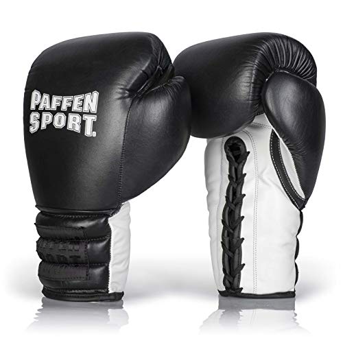 PAFFEN SPORT «PRO LACE» Boxhandschuhe aus echtem Leder für das Training und Sparring im Kampfsport (Schwarz/Weiß, 14UZ) von PAFFEN SPORT