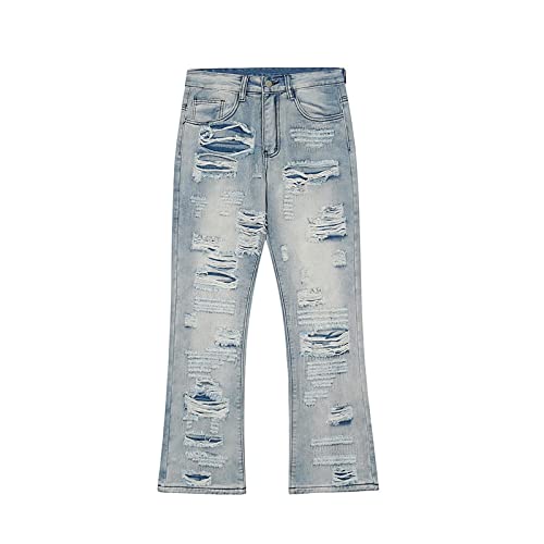 PAIHUIART Jeans Herren Hose Jeanshose Neue Ripped Hole Retro Washed Herren Jeans Streetwear Distressed Casual Baggy Denim Hose Straight Loose Pants AsianM Blue von PAIHUIART