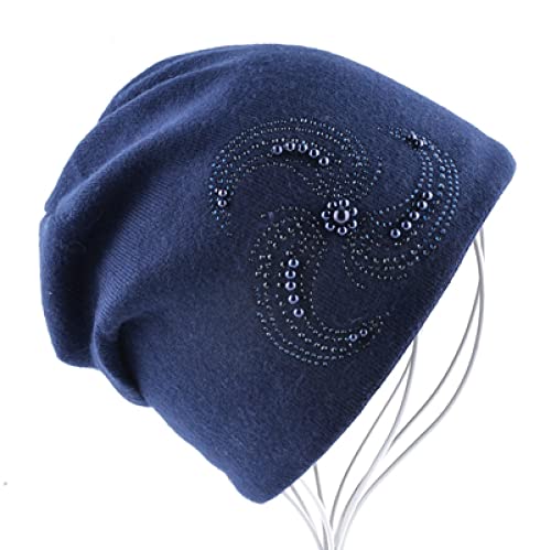 PAIHUIART Strickmütze Beanie Mütze Thermo Herren Damen Hut Winter Strickmützen Für Frauen Perlen Strass Blume Strickmütze Mützen Damen Weiche Warme Mützen Blau von PAIHUIART