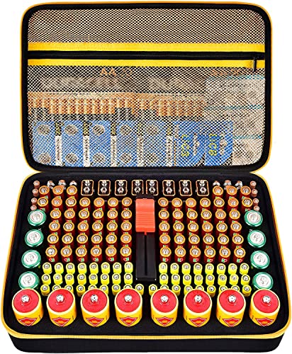 Batteriebox Tragetasche Aufbewahrungsbox für Batterieorganisator mit Batterietester (BT168), Tasche Halter für 220+ Batterien AA AAA AAAA 9 V C D Lithium 3 V (ohne Batterien) (Gelb) von PAIYULE