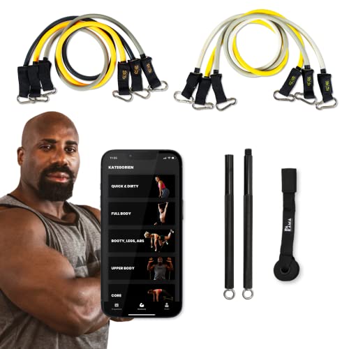 PAKAMA - Premium 6er Set Widerstandsbänder inkl. Langhantel-Stange (Bar) für Home Workout & Krafttraining Zuhause - Heavy Resistance Bands 14kg bis 24kg - Fitness-Bänder für bis zu 220kg Widerstand von PAKAMA